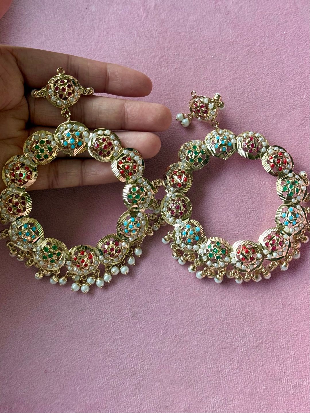 Statement Jadau Chandbaalis | 18k Gold Plated | Copper & Semi-Precious Stones