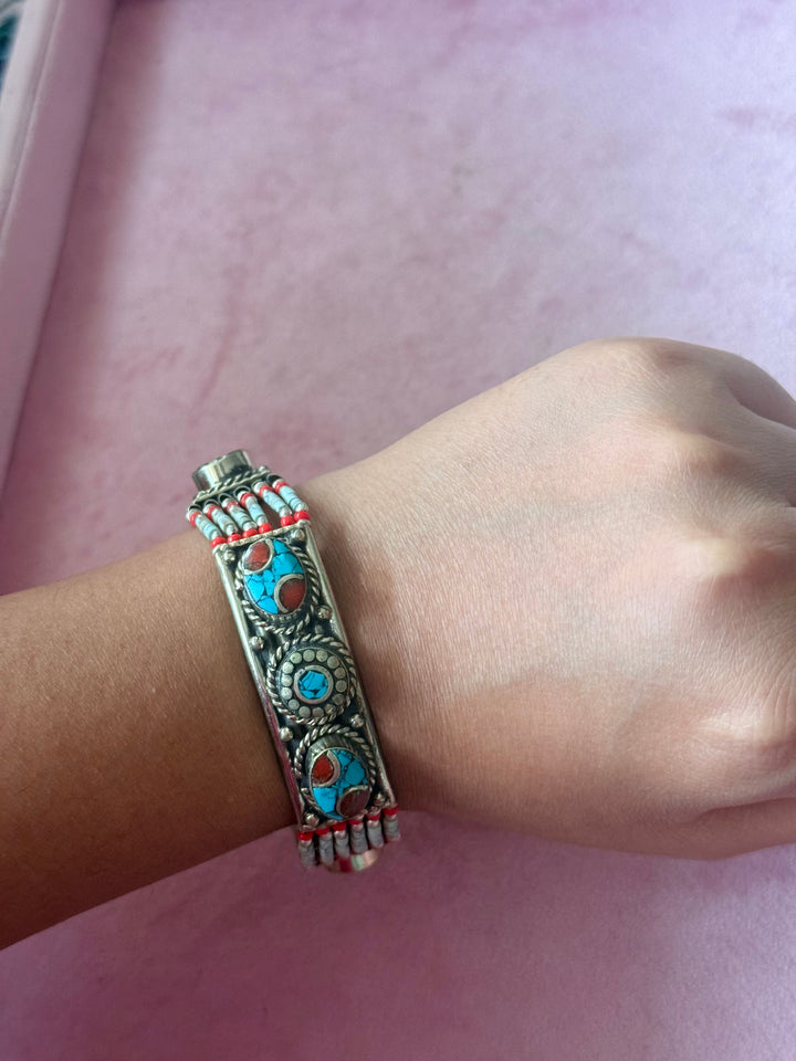 Handcrafted Turquoise and Coral German Silver Bracelet, Indian Jewelry