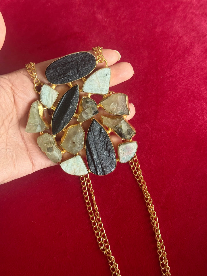 Handmade Natural Gemstones Statement Necklace | Brass Adjustable Lobster Claw Jewelry