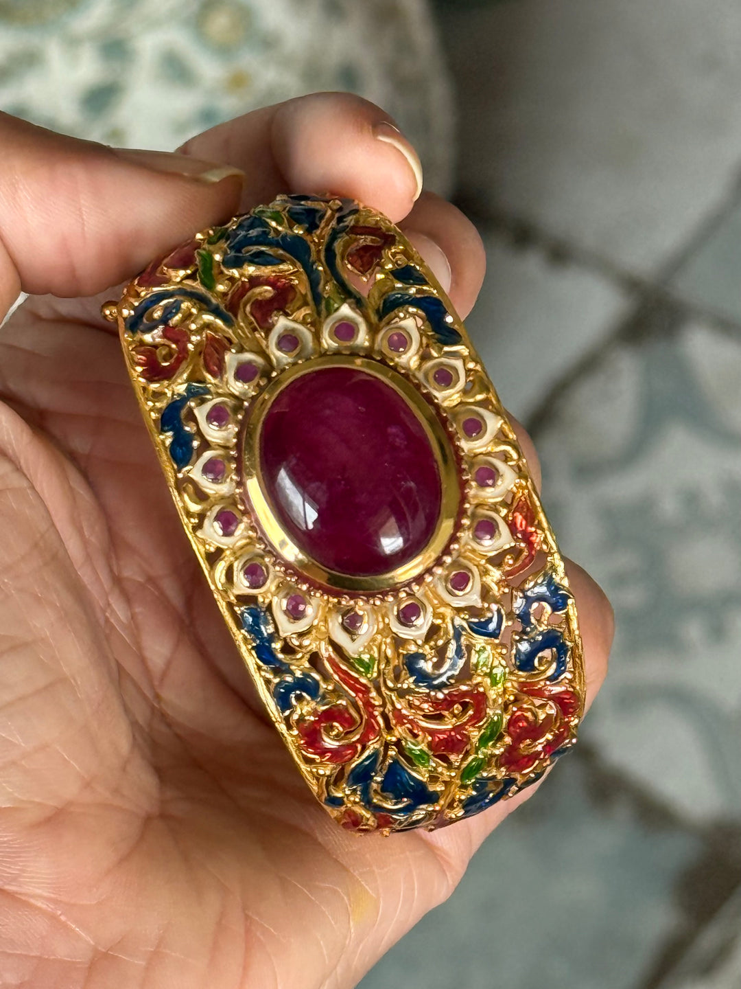 925 Silver Natural Ruby Oval Stone Kada by SHIVKA, Gold Plated Bikaner Artisanal Enamel Bangle