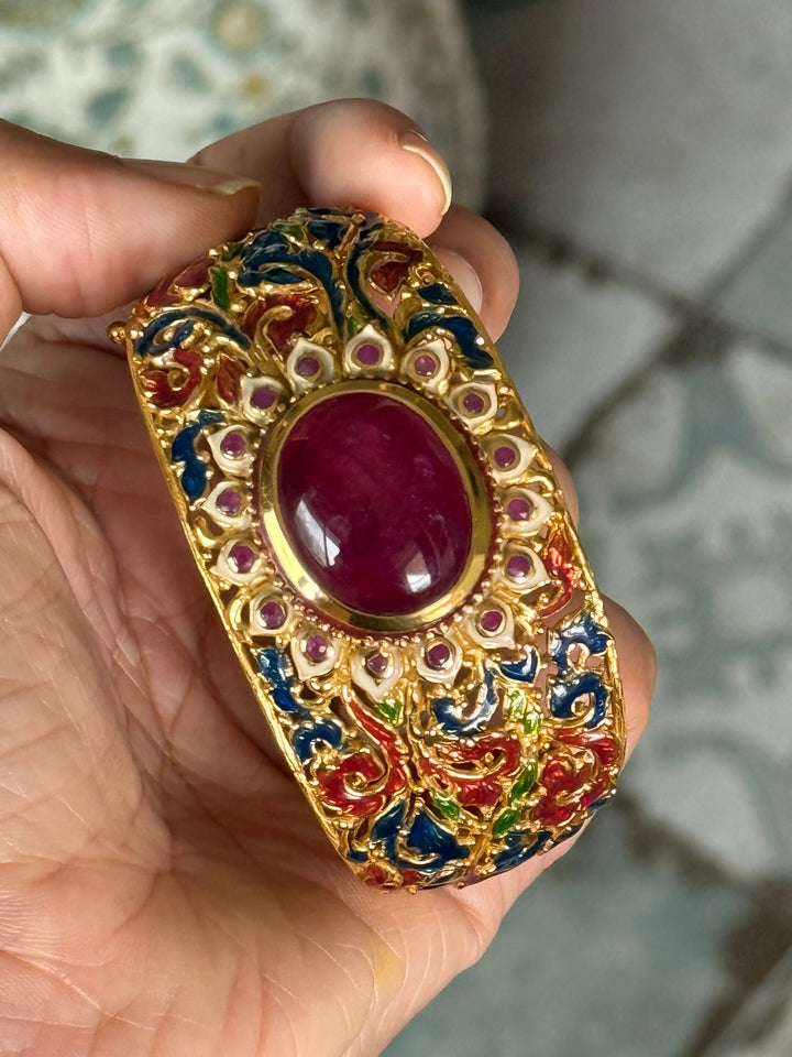 925 Silver Natural Ruby Oval Stone Kada by SHIVKA, Gold Plated Bikaner Artisanal Enamel Bangle