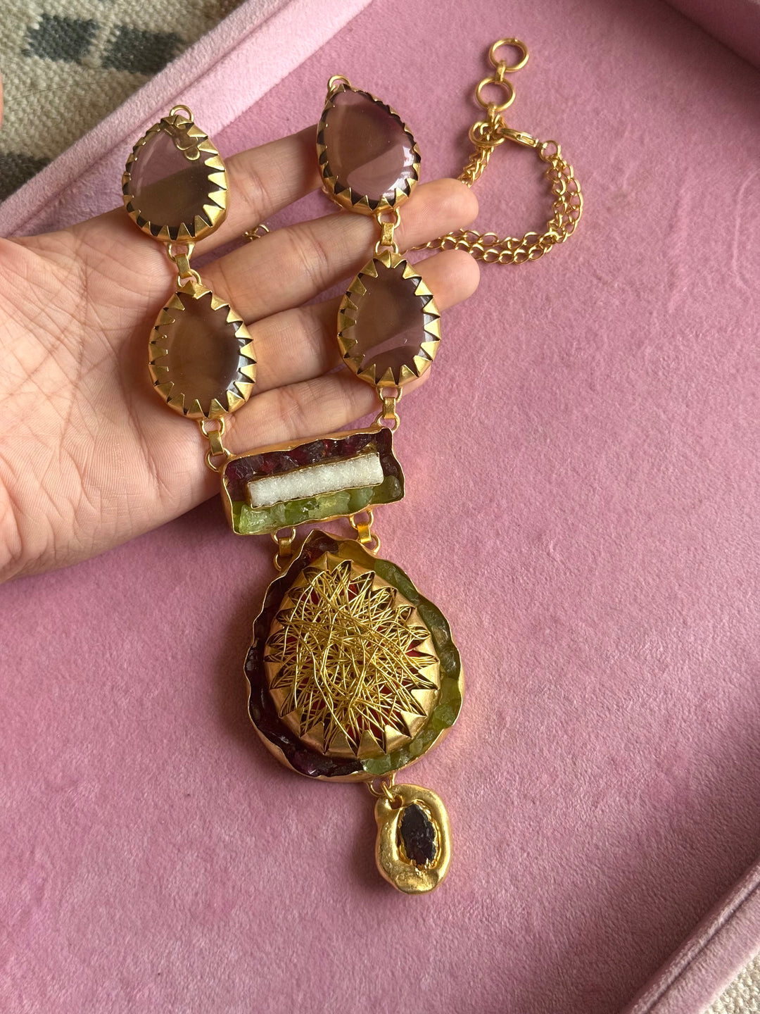 Handmade Statement Gemstone Necklace | Brass Adjustable Lobster Claw Jewelry
