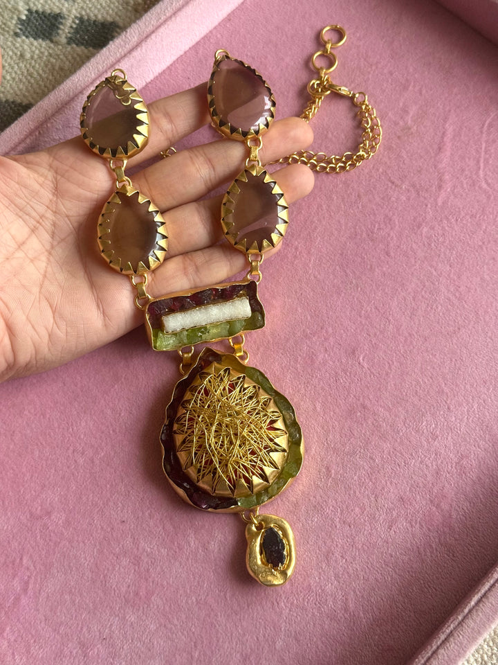 Handmade Statement Gemstone Necklace | Brass Adjustable Lobster Claw Jewelry