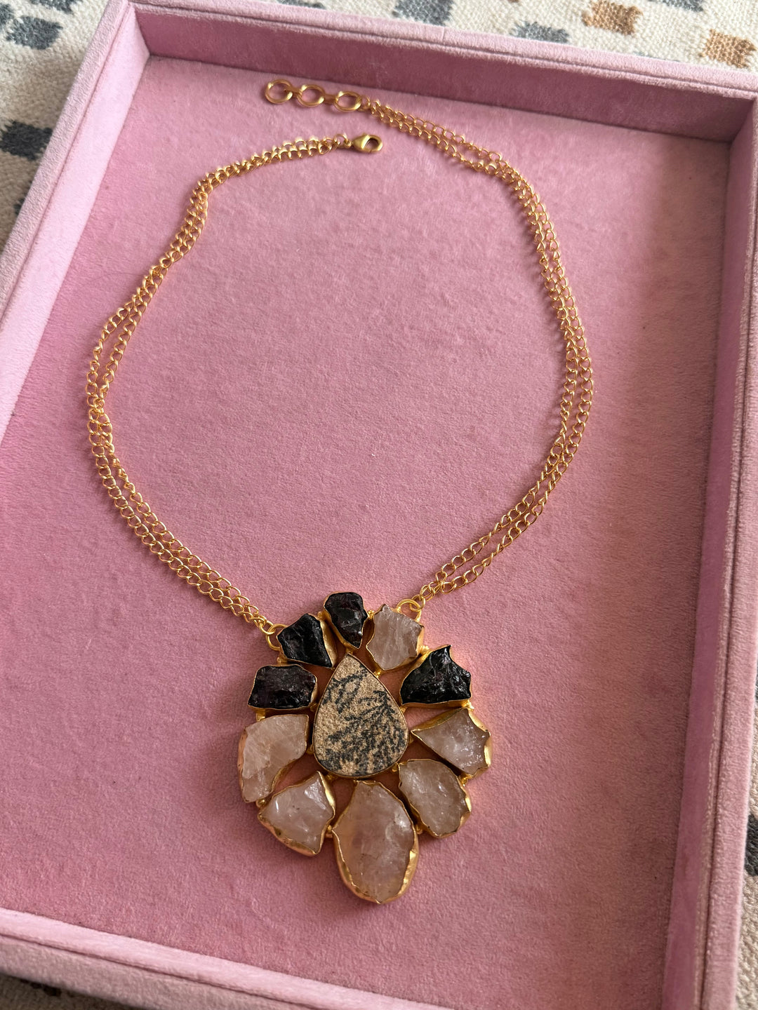 Handmade Rose Quartz Statement Necklace | Brass Adjustable Lobster Claw Jewelry