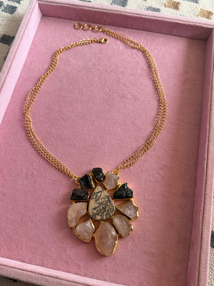 Handmade Rose Quartz Statement Necklace | Brass Adjustable Lobster Claw Jewelry