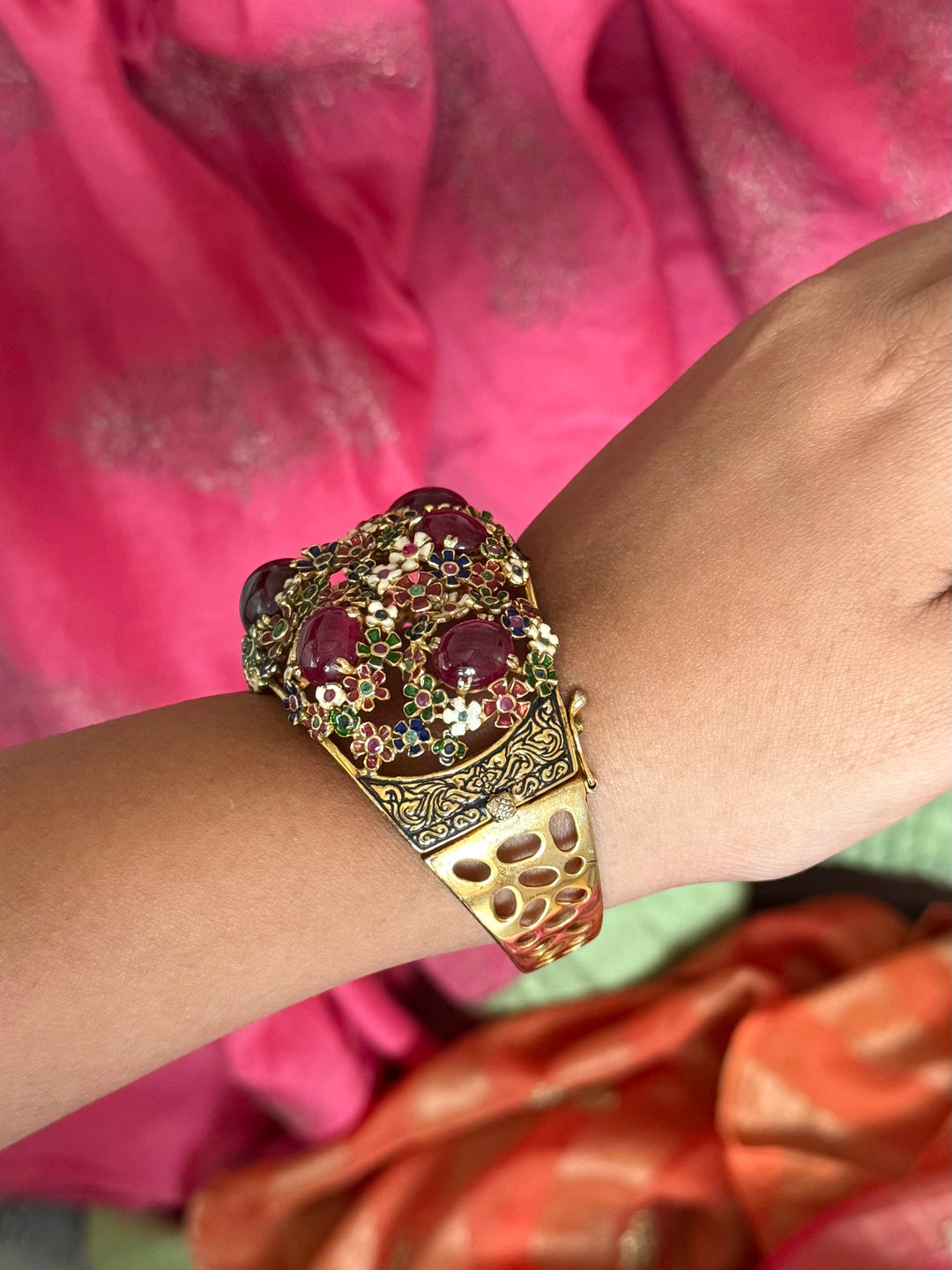 925 Silver Meenakari Ruby Kada by SHIVKA, Gold Plated Bikaner Artisanal Floral Openable Bangle