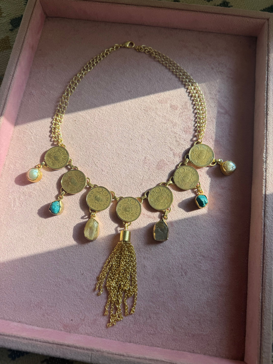 Handmade Raw Stone Coin Necklace | Gold Polish Brass Adjustable Statement Jewelry