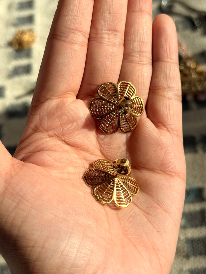 925 Silver Polki Studs | SHIVKA | Antique Gold CZ Festive Elegance