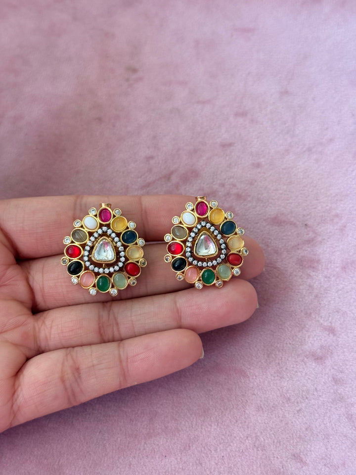 Handmade Designer Navratna Brass Studs | SHIVKA | 3x2.5 cm | 14g Pair | Push Back | Festive Gift Jewelry