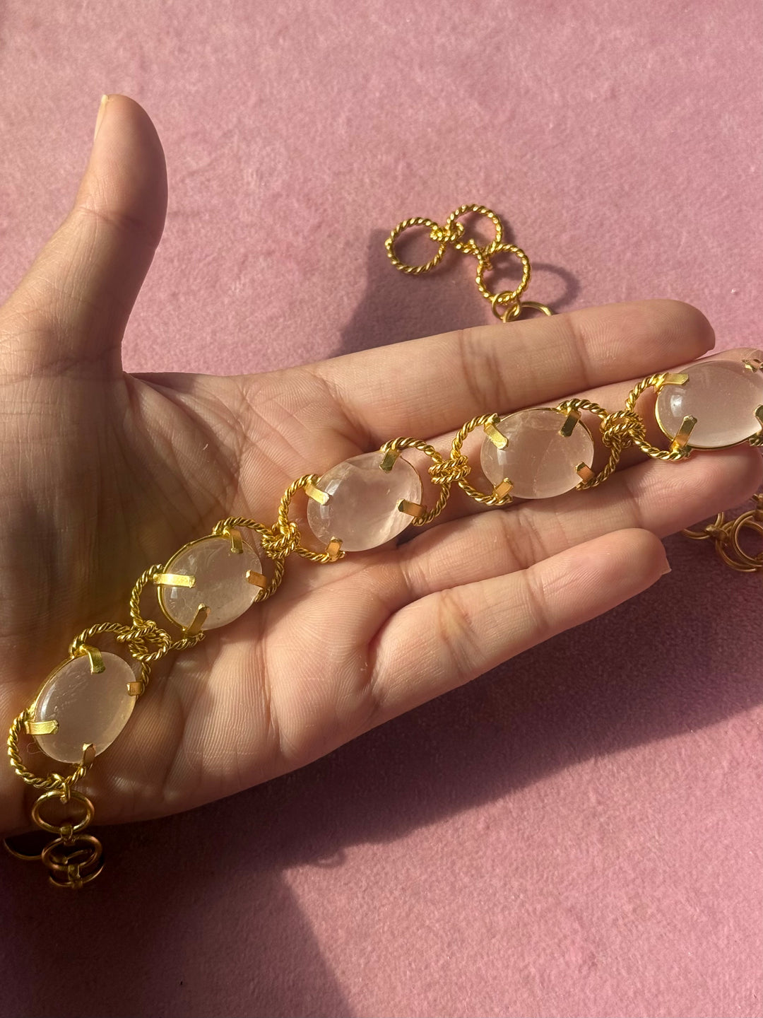 Rose Quartz Choker – Gold Brass, Adjustable Necklace