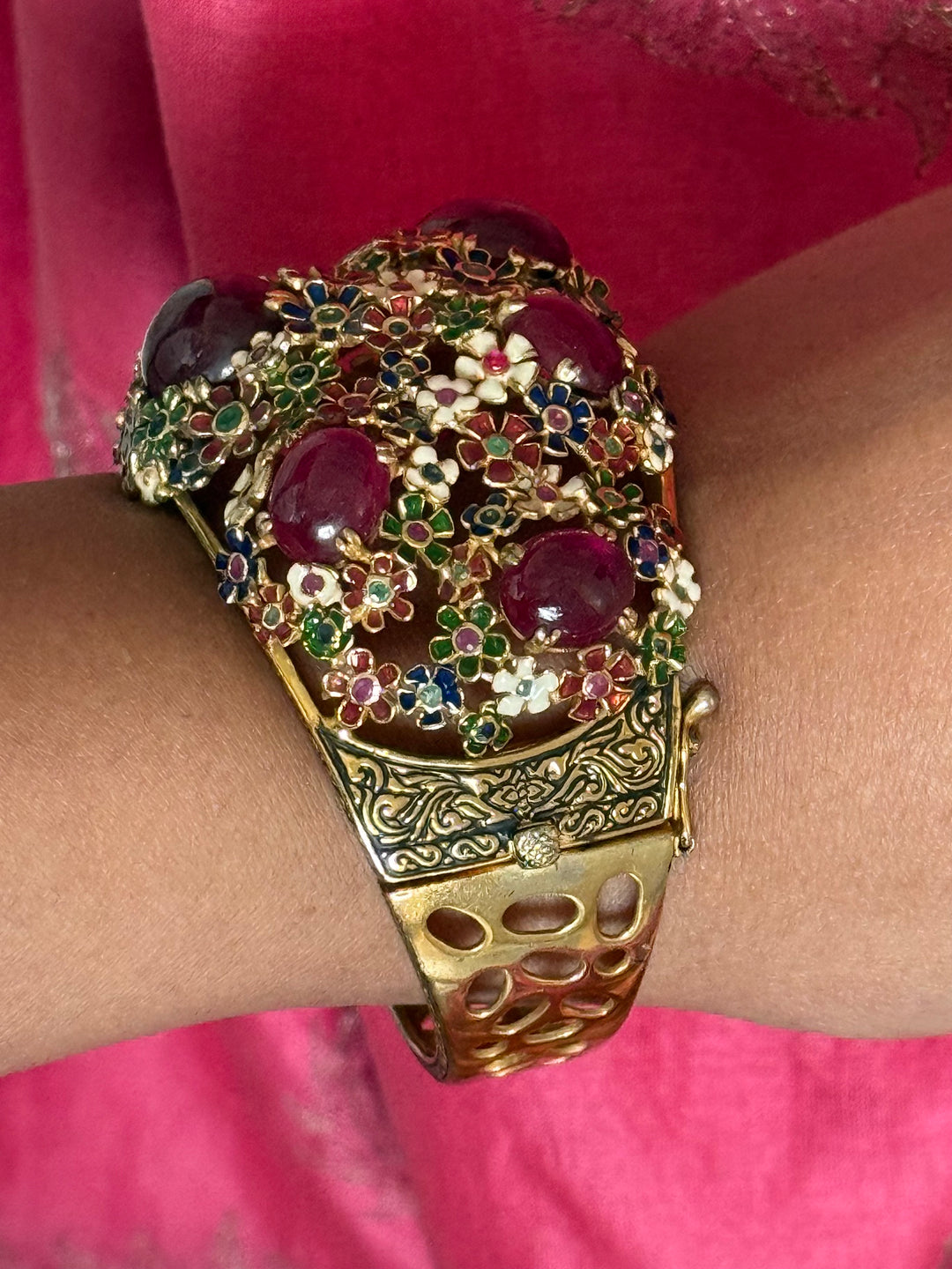 925 Silver Meenakari Ruby Kada by SHIVKA, Gold Plated Bikaner Artisanal Floral Openable Bangle