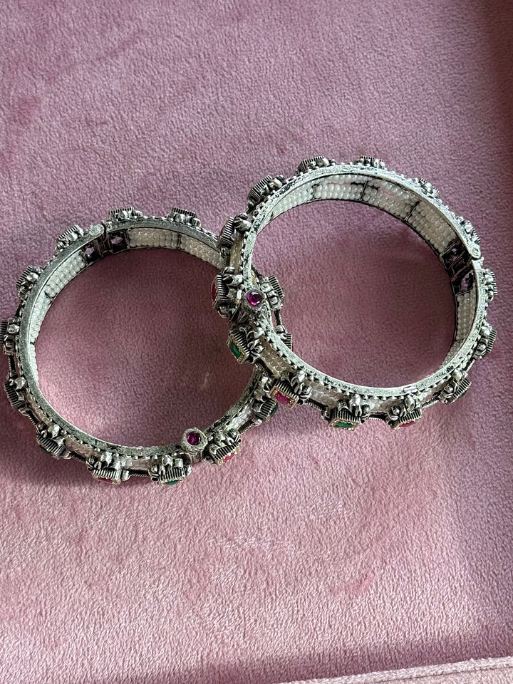 SHIVKA SAANJ 925 Silver Fusion Bangles | Set of 2 | CZ Stones | Artisan Crafted | 94g