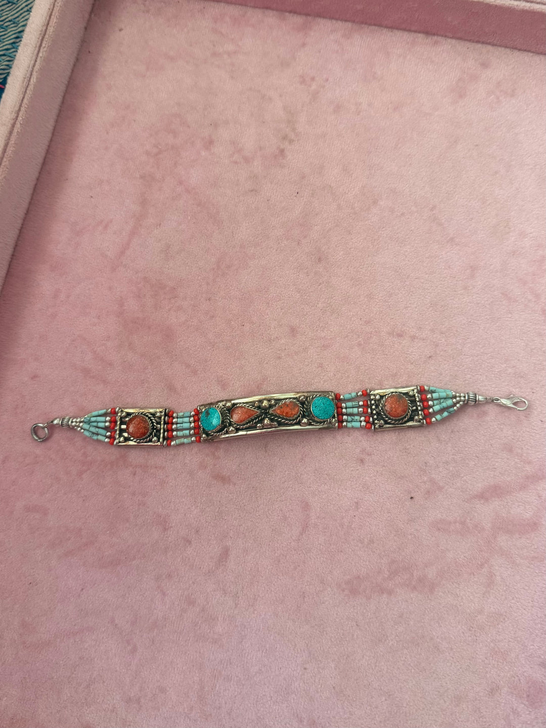 Handcrafted Turquoise and Coral German Silver Bracelet, Indian Jewelry