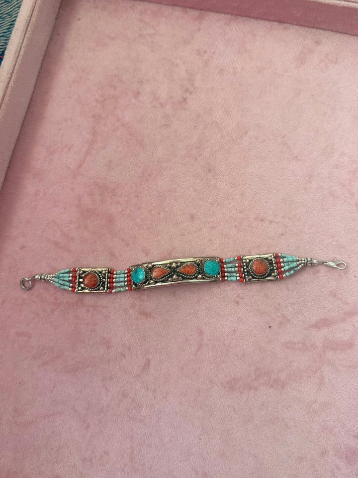 Handcrafted Turquoise and Coral German Silver Bracelet, Indian Jewelry