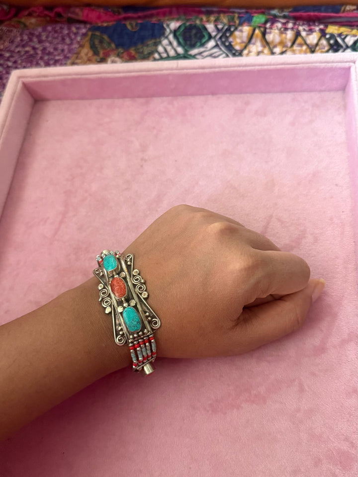 Handcrafted Turquoise and Coral German Silver Bracelet, Indian Jewelry