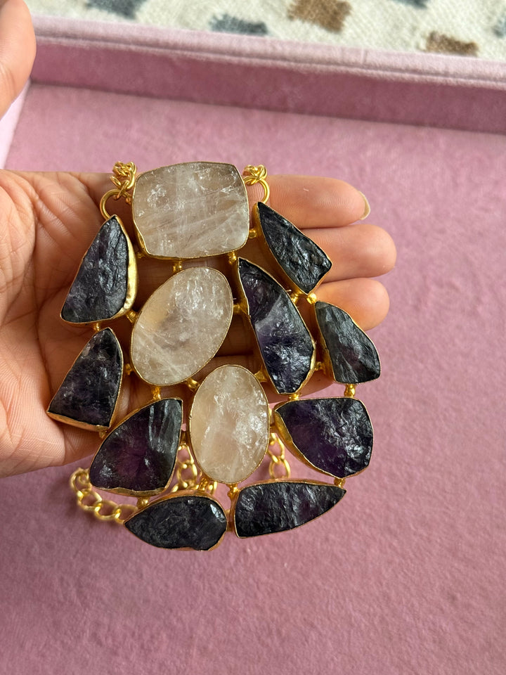Handmade Amethyst and Rose Quartz Statement Necklace | Brass Adjustable Lobster Claw Jewelry