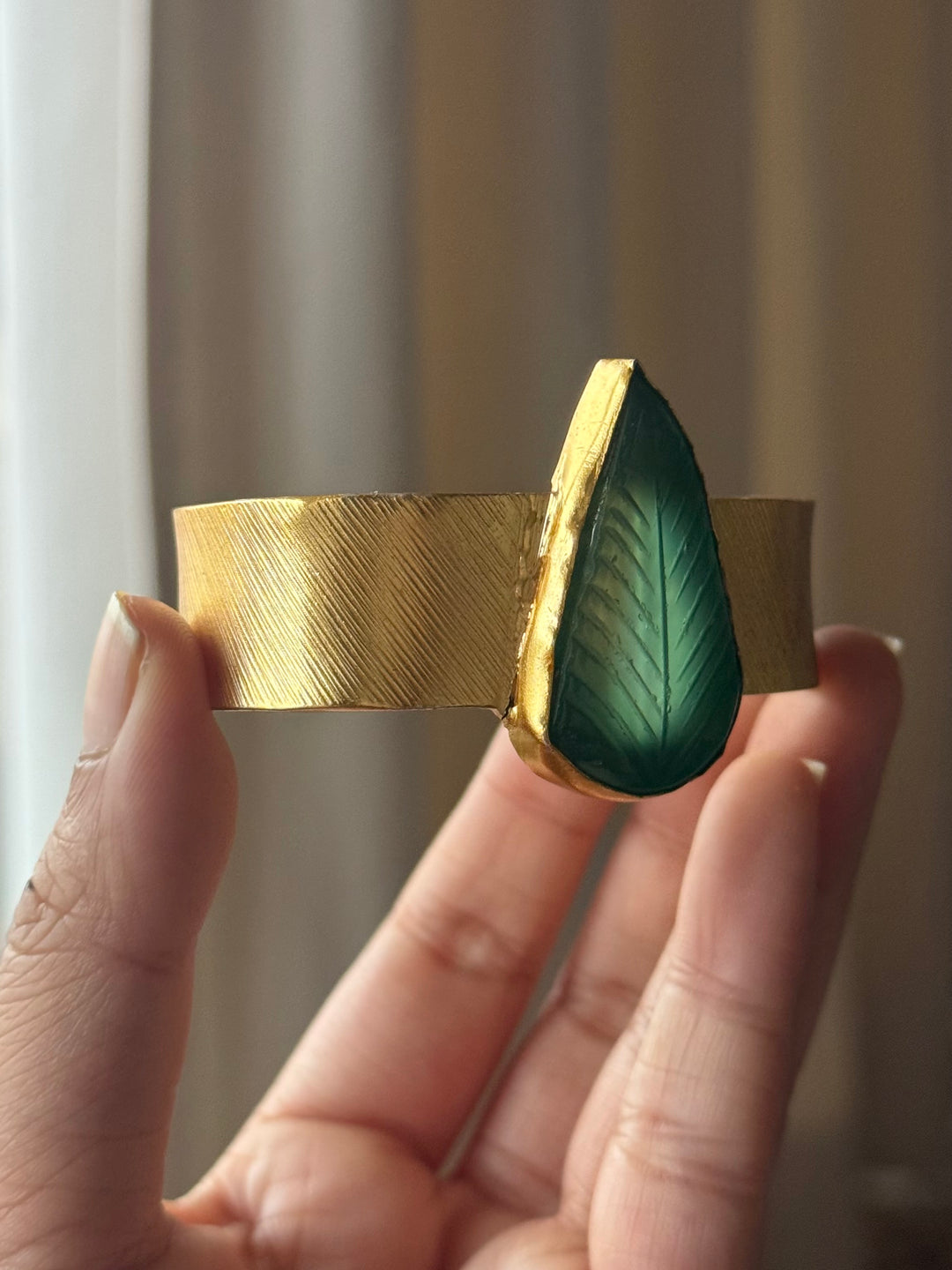 Exquisite Carved Green Onyx Stone Studded Brass Open Cuff - Unparalleled Quality and Style