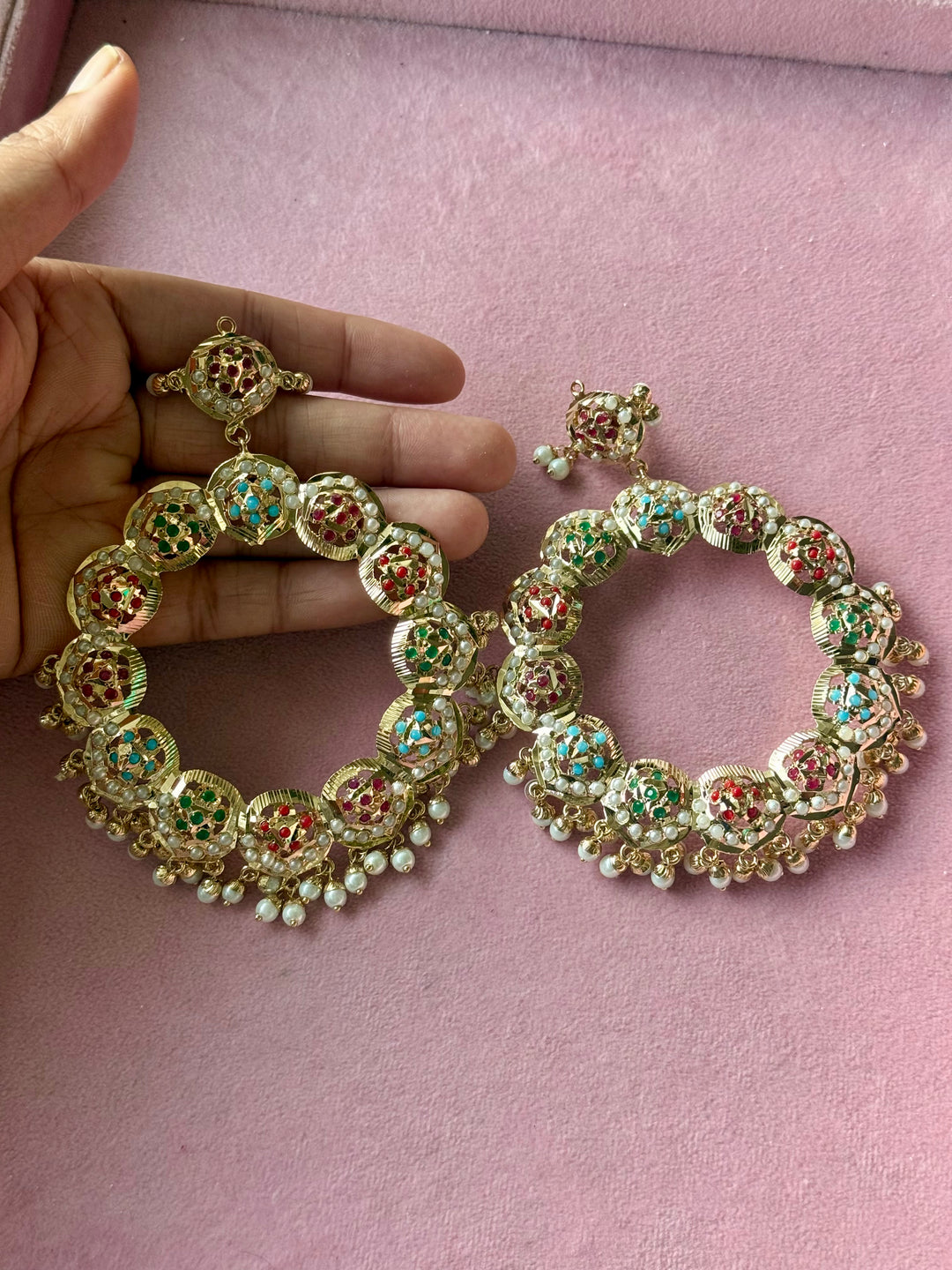 Statement Jadau Chandbaalis | 18k Gold Plated | Copper & Semi-Precious Stones