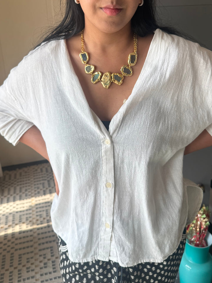 Handmade Raw Labradorite Gold Embedded Necklace | Adjustable Lobster Claw Brass Statement Jewelry