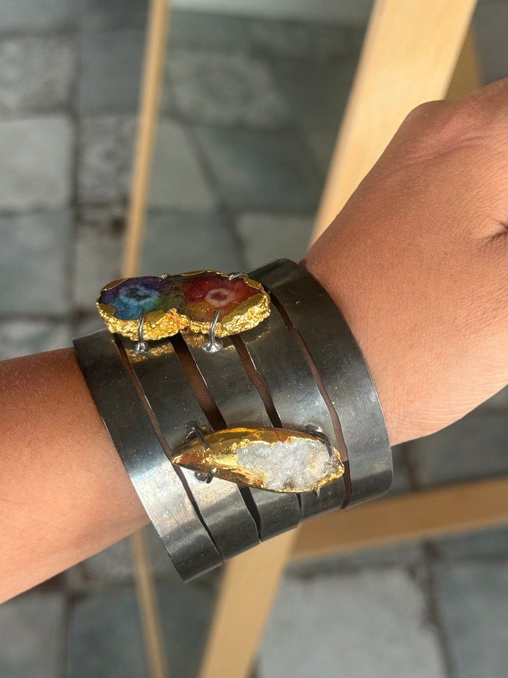 SHIVKA Designer Brass Quartz Cuff | Black Rhodium Polish | Natural Stones | Adjustable | 65g