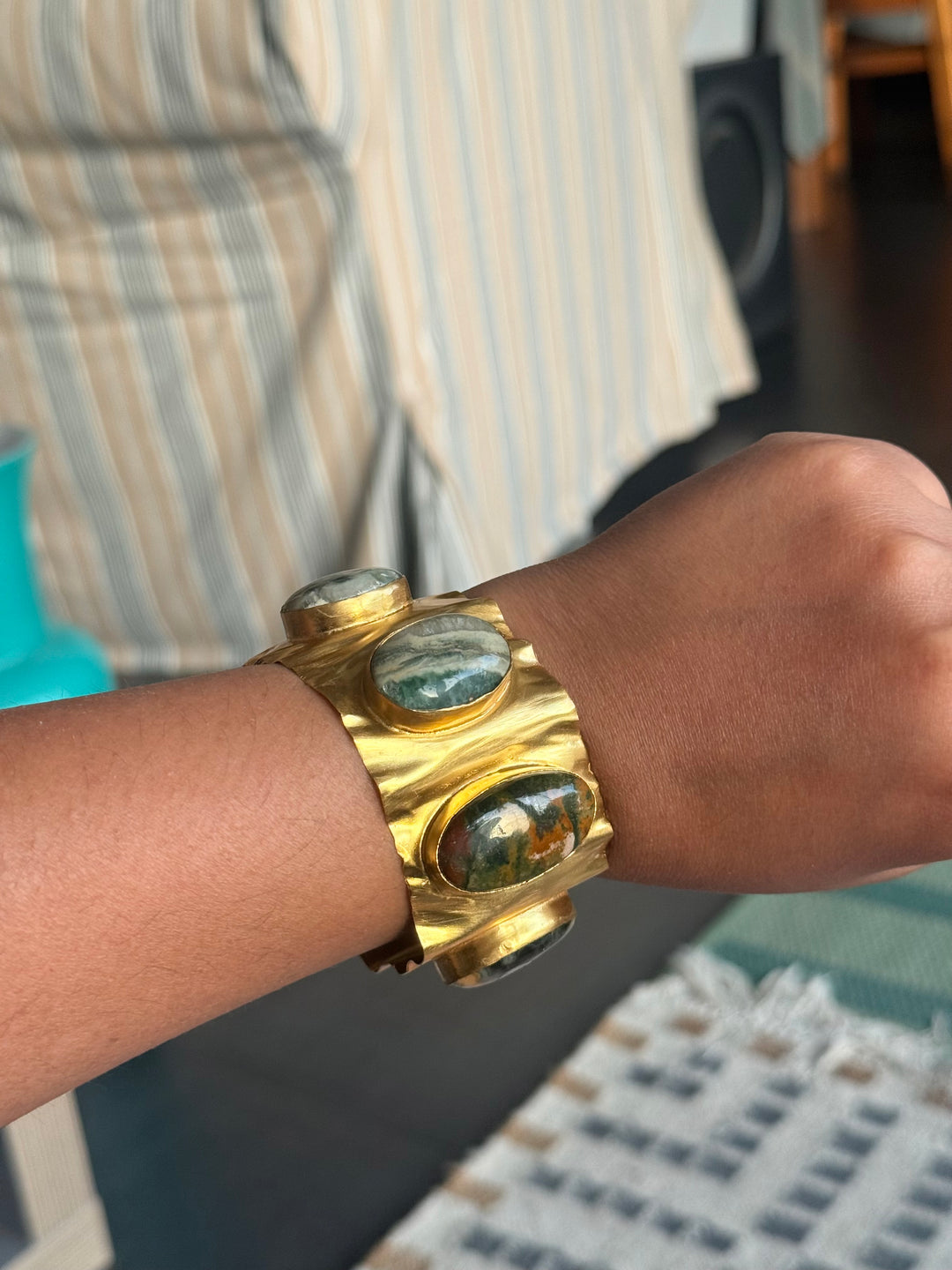 SHIVKA Designer Stone Brass Cuff | Adjustable Open Bracelet | Statement Festive Wear | 46g
