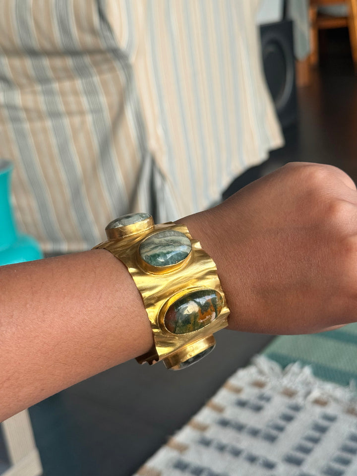 SHIVKA Designer Stone Brass Cuff | Adjustable Open Bracelet | Statement Festive Wear | 46g