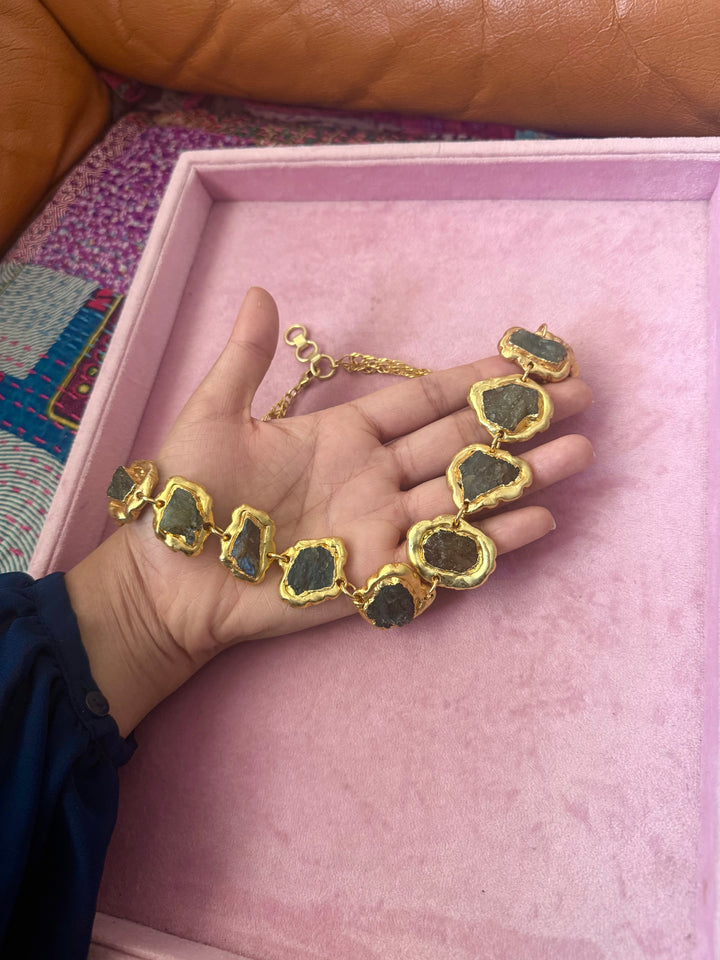 Handmade Natural Stones Gold Embedded Necklace | Adjustable Lobster Claw Brass Statement Jewelry