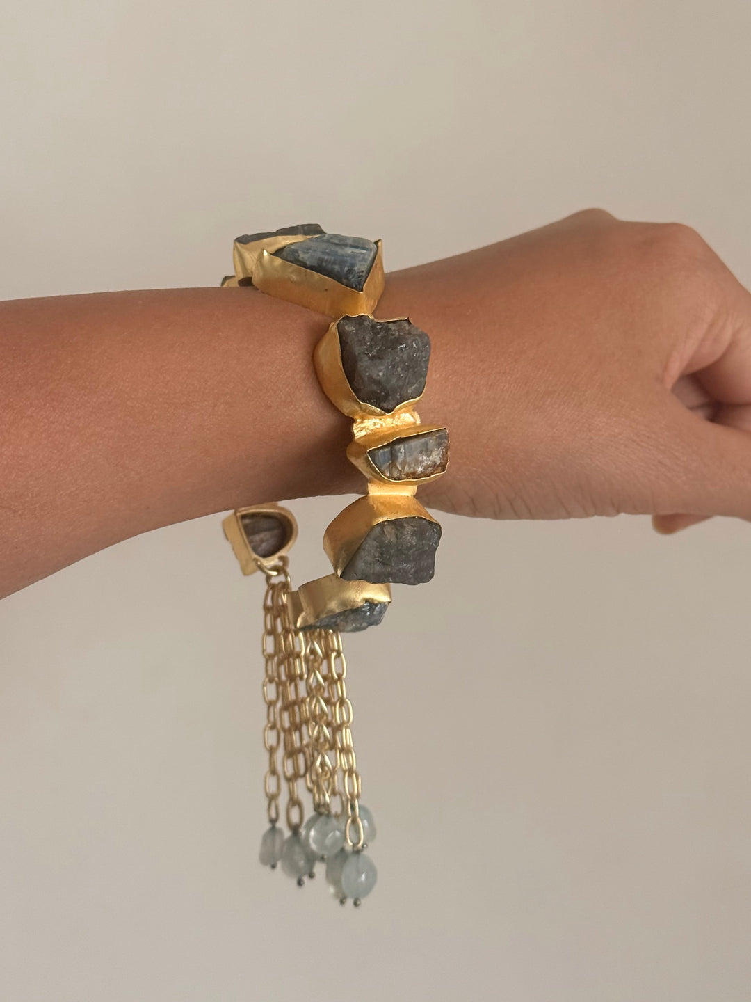 SHIVKA Designer Brass Tassel Cuff | Raw Druzy Chalcedony Stones | Gold Polish | 72g