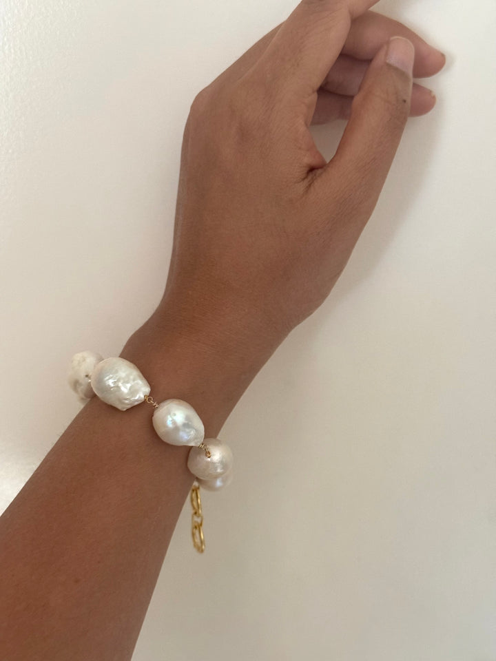 Handmade Baroque Pearl Statement Bracelet | Gold Polish Brass Toggle Clasp Jewelry