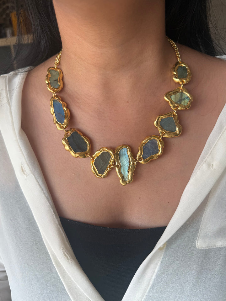 Handmade Raw Stone Gold Embedded Necklace | Adjustable Lobster Claw Brass Statement Jewelry