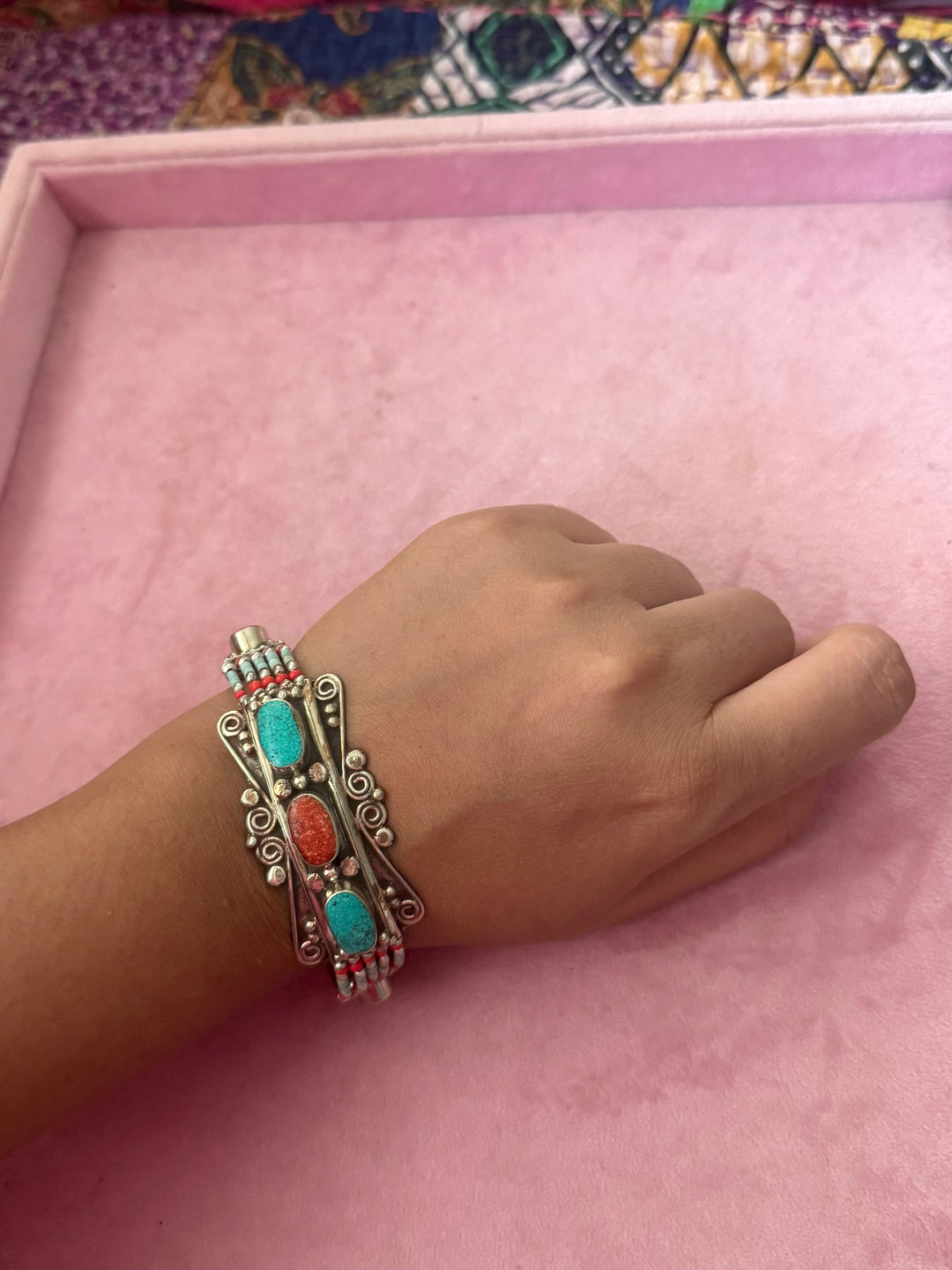Handcrafted Turquoise and Coral German Silver Bracelet, Indian Jewelry