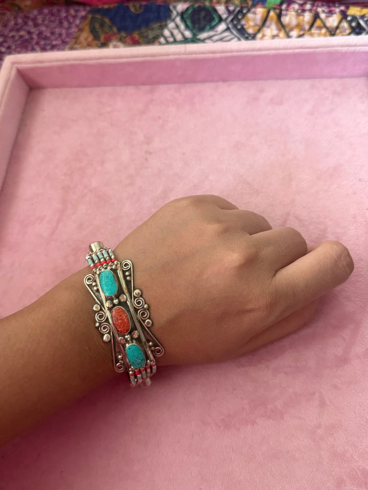 Handcrafted Turquoise and Coral German Silver Bracelet, Indian Jewelry