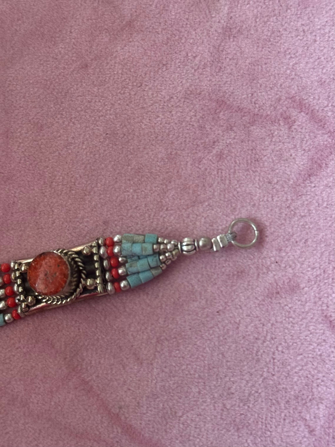 Handcrafted Turquoise and Coral German Silver Bracelet, Indian Jewelry