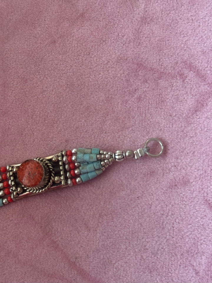 Handcrafted Turquoise and Coral German Silver Bracelet, Indian Jewelry