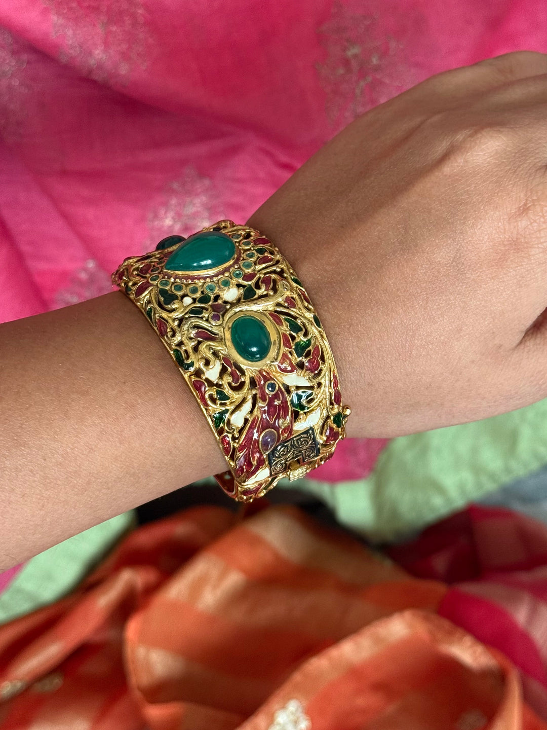 925 Silver Green Onyx Kada by SHIVKA, Gold Plated Bikaner Artisanal Enamel Bangle