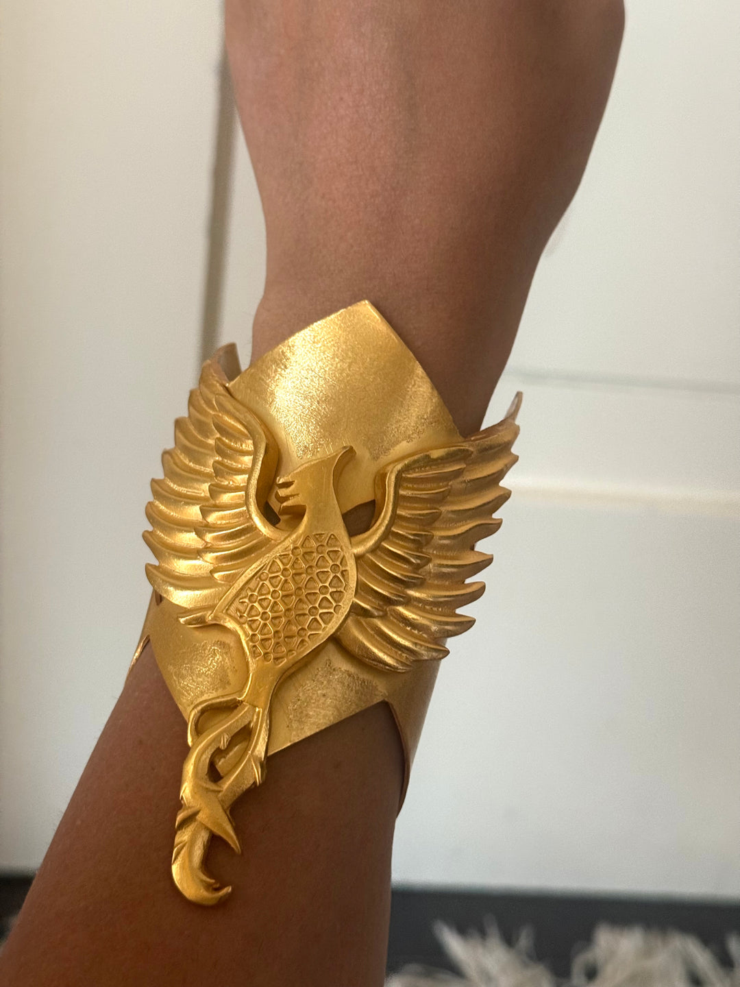Handmade Phoenix Statement Open Cuff | Textured Gold Polish Brass Free Size Bracelet