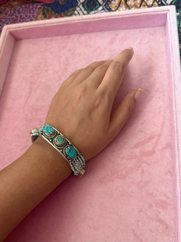 Handcrafted Turquoise German Silver Bracelet, Indian Jewelry