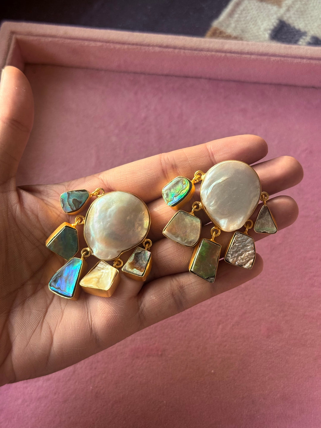 Handmade Brass Earrings with Abalone Shell & Baroque Pearls | Modern Gold Polish Statement Earrings by SHIVKA