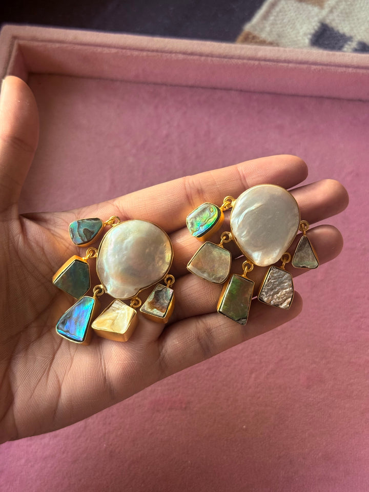 Handmade Brass Earrings with Abalone Shell & Baroque Pearls | Modern Gold Polish Statement Earrings by SHIVKA