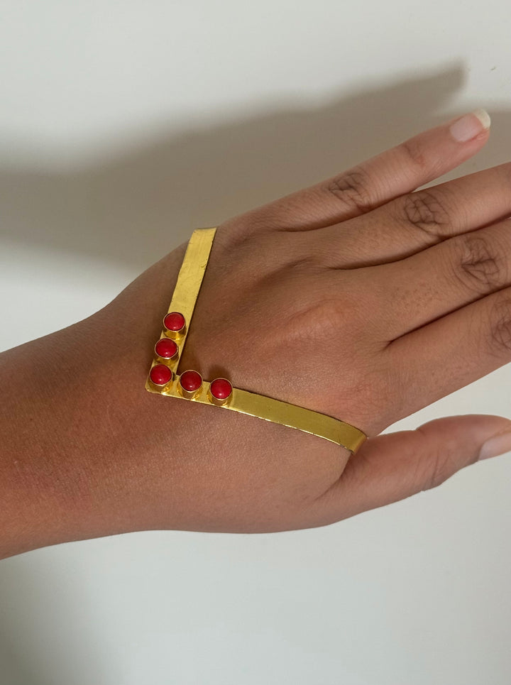 SHIVKA Coral Hand Harness | Brass Gold Polish | Natural Coral Stone | Handcrafted | 14g