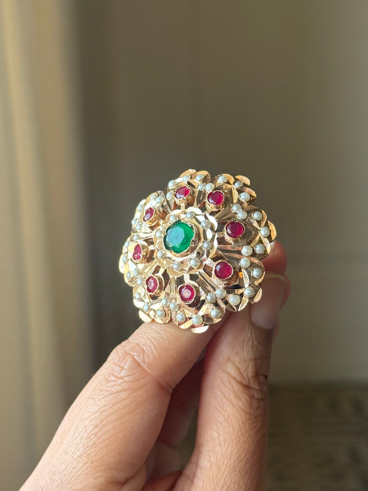 Statement Ruby and Emerald Jadau Ring | 18k Gold Plated | Copper & Semi-Precious Stones