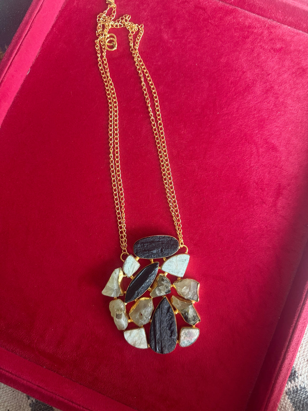 Handmade Natural Gemstones Statement Necklace | Brass Adjustable Lobster Claw Jewelry