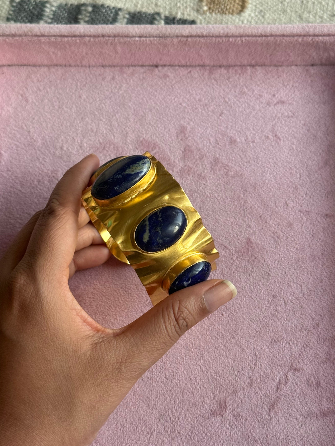 SHIVKA Designer Lapis Lazuli Stone Brass Cuff | Adjustable Open Bracelet | Statement Festive Wear | 50g