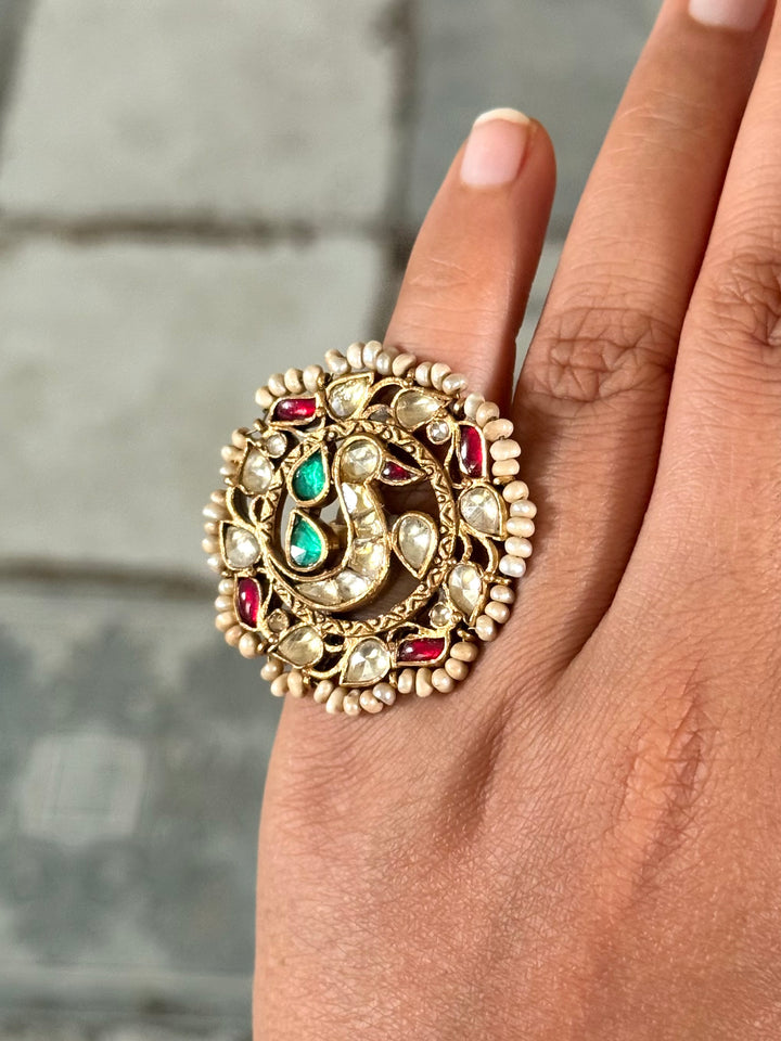 925 Silver Jadtar Gold Handmade Ring | Adjustable | SHIVKA