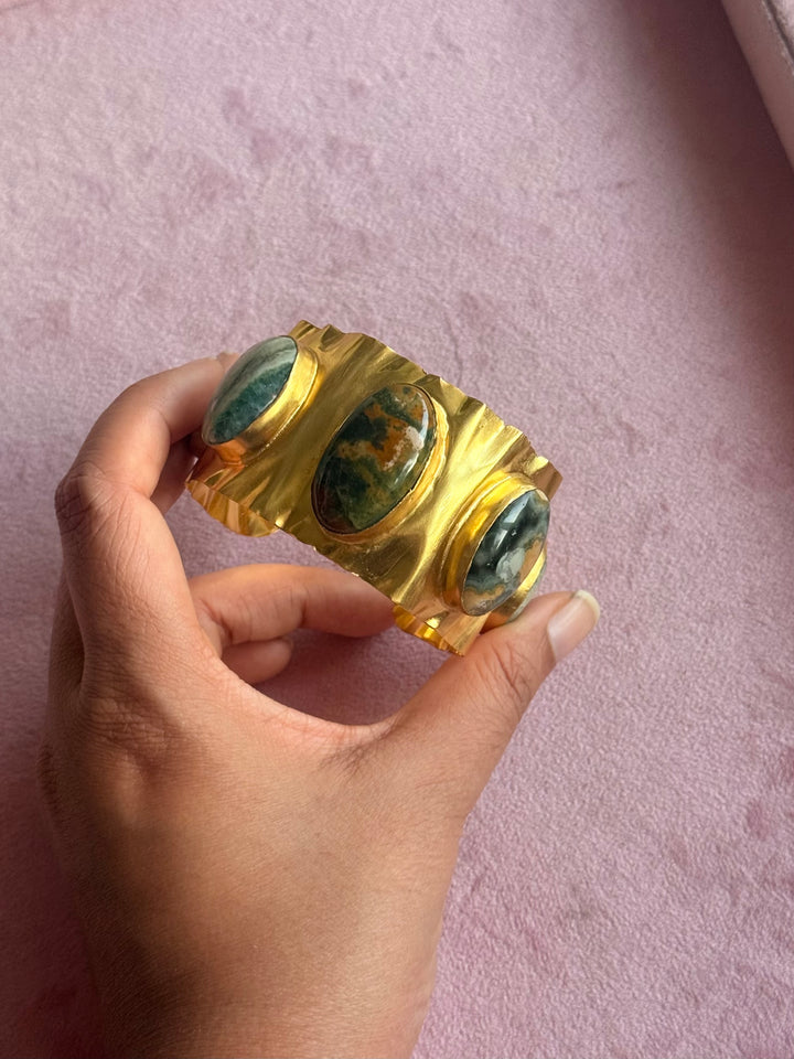 SHIVKA Designer Stone Brass Cuff | Adjustable Open Bracelet | Statement Festive Wear | 46g