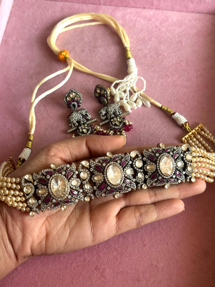 Handmade Victorian 925 Silver Polki Kundan Choker Set | SHIVKA