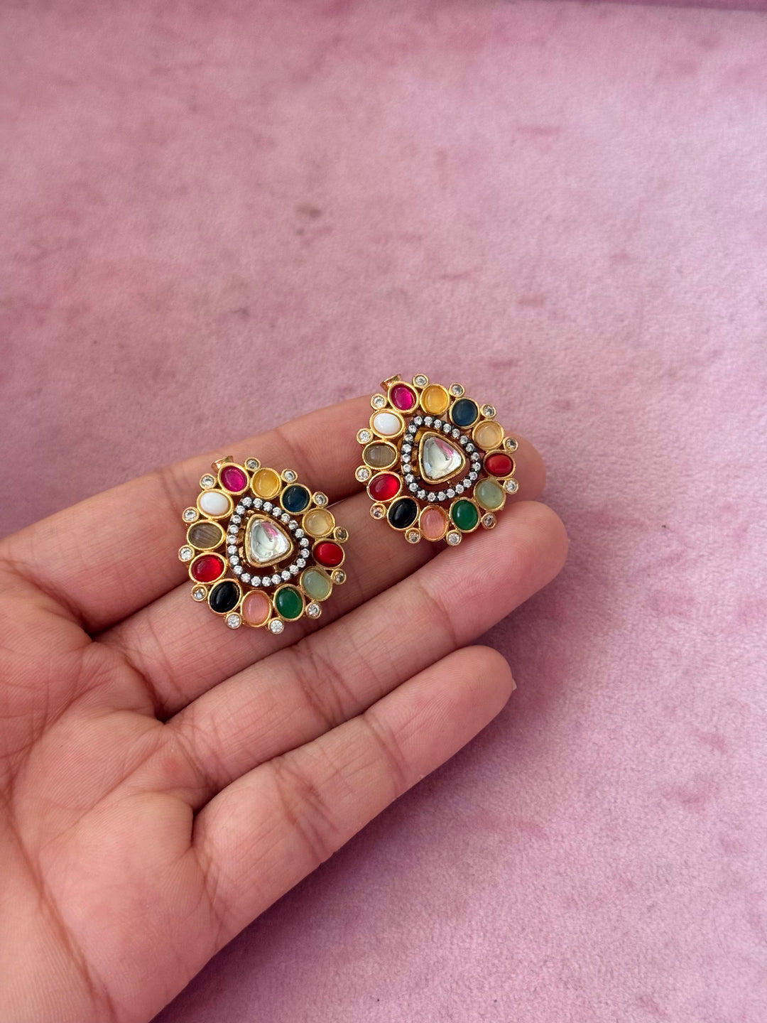 Handmade Designer Navratna Brass Studs | SHIVKA | 3x2.5 cm | 14g Pair | Push Back | Festive Gift Jewelry