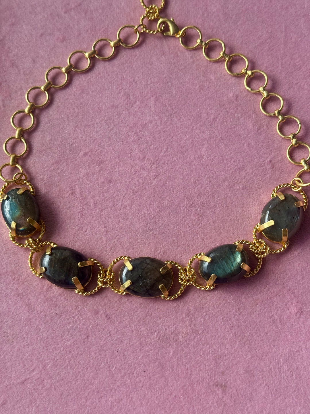 Labradorite Choker – Gold Brass, Adjustable Necklace