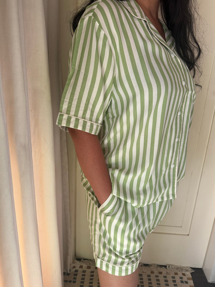 Striped Green Cotton Night Suit - Set of Two