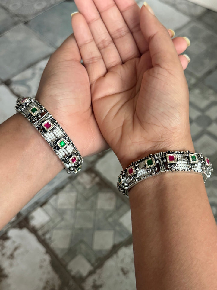 SHIVKA SAANJ 925 Silver Fusion Bangles | Set of 2 | CZ Stones | Artisan Crafted | 94g
